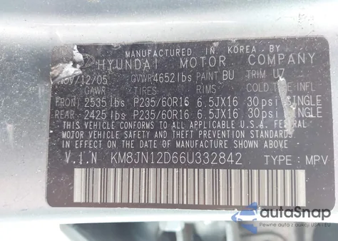 2006 Hyundai Tucson Gls/Limited из США, поврежденный, VIN KM8JN12D66U332842